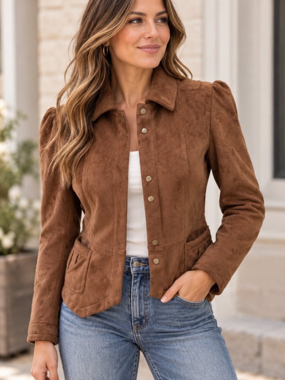 Brown Faux Suede Western Jacket Puff Sleeve Snap Front Saguaro West M
